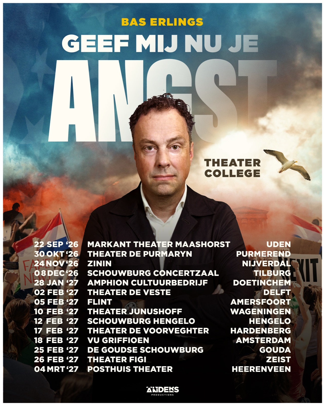 Poster theatercollege Bas Erlings – Geef mij nu je angst, met alle speeldata
